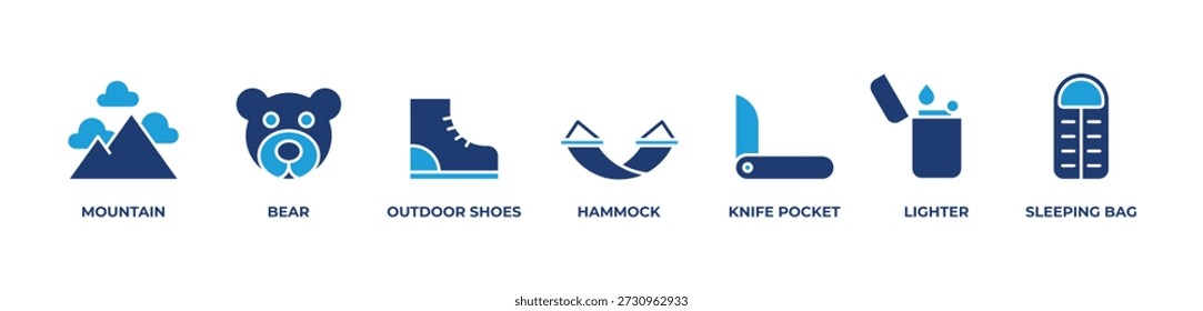 Wild Adventure Icons set Ilustración vectorial azul con Montaña, Oso, Zapatos de exterior, Hamaca, Bolsillo para cuchillo, Encendedor, Saco de dormir