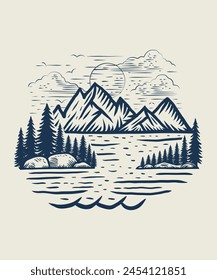 Wild adventure mountain hand drawn line art t shirt design illustration