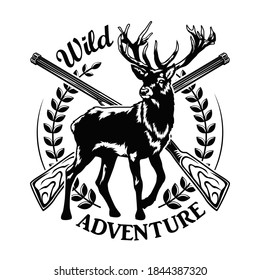 Wild adventure vector illustration. Deer with horns and crossed riffles with text. Hunting animals concept for club and community emblems templates