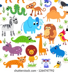 Wild Africa animals seamless pattern. African cute drawing animal in flat style isolated on white. Including elephant, giraffe, zebra, snake, pelican, rhinoceros, parrot, lion, hippo,