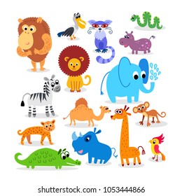 Wild Africa animals set in flat style isolated on white background. Including elephant, giraffe, zebra, snake, pelican, rhinoceros, parrot, lion, hippo, crocodile, leopard, camel, gorilla, monkey