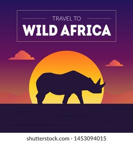 Wild Africa Banner Template, Beautiful African Landscape with Rhino Silhouette at Sunset Vector Illustration