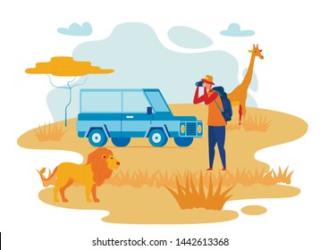 Wild Africa Exploration Flat Vector Illustration. African Safari, Road Trip, Expedition. Explorer Photographing Lion Cartoon Character. Wildlife Photographer Taking Giraffe Photo. Desert Car Travel