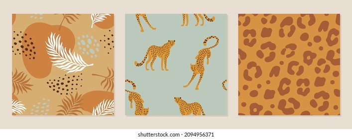 Wild Africa patterns collection. Vector illustration of three seamless patterns in trendy flat style with animal prints, leaves, cheetahs and abstract shapes