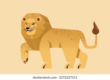 Animales africanos salvajes. Peligroso depredador o mamífero de sabana o jungla. Hermoso león con una larga mane dorada. Fauna y Biodiversidad. Dibujo vectorial plano de dibujos animados aislado en fondo beige