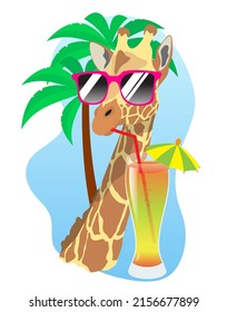 Wild African animal giraffe in glasses with a drink against the blue sky and palm trees. Summer picture, image for advertising. Isolated vector illustration on transparent white background
