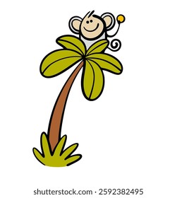 Wild African animal has climbed  tall palm tree in the jungle and is throwing coconuts at them. Vector illustration of a monkey on   tree bullying. Isolated funny character on white background.