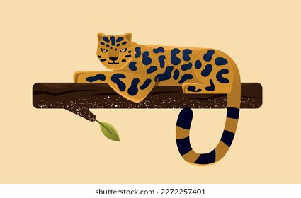 Animales africanos salvajes. El depredador y peligroso guepardo o leopardo yace en la rama del árbol. Mamífero visto de la selva. Fauna sabana. Dibujo vectorial plano de dibujos animados aislado en fondo beige