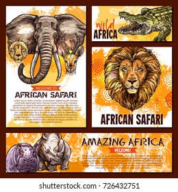 Wild African animals banners or posters templates for safari adventure or welcome to zoo design. Vector sketch elephant, alligator crocodile or lion and tiger with hippopotamus or rhinoceros