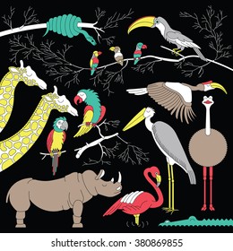 Wild african animals and birds set. Vector wild african animals and birds made in flat style.  Isolated wild african animals and birds separately grouped. Wild african animals background