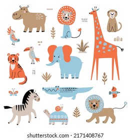 Wild African animals collection. Cartoon animalistic characters isolated on white background. Hand drawn vector illustration.