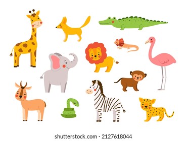 Wild African animals drawn in cartoon style. Funny vector illustration with cute characters - elephant, giraffe, lion, crocodile, fennec fox, zebra, monkey and others isolated on white background