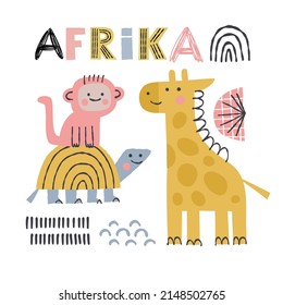 Wild African animals drawn in cartoon style. Giraffe, monkey and turtle, text and graphic elements - set for design of kids products, nursery print etc