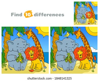 Wild African animals.  Find 10 differences. Educational game for children. Cartoon vector illustration.