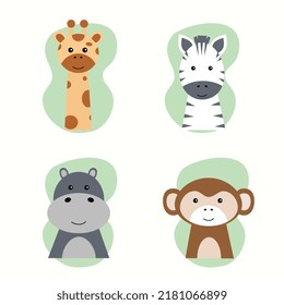 Wild African animals. Funny vector illustration with cute characters - giraffe,  zebra, monkey, hippo  on white background