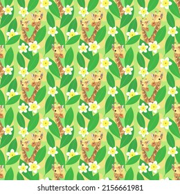 Wild African animals giraffes with green leaves and white flowers. Natural seamless pattern, background, print. Vector illustration