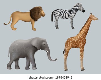 Wild african animals. Lion elephant zebra giraffe safari travelling outdoor collection decent vector realistic animals