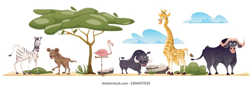 Wild African animals set. Funny smiling mammals. Exotic savannah giraffe, buffalo, hyena, flamingo, zebra and boar stand on sand with trees. Cartoon flat vector collection isolated on white background