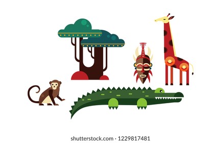 Wild African animals set, monkey, elements of nature and culture of Africa, crocodile, tribal mask, giraffe vector Illustration on a white background