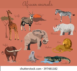 Wild African Animals Set With Nature Elements.