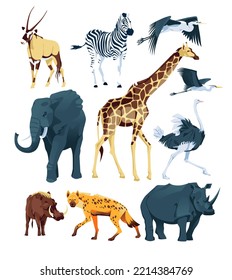 Wild African animals set on a white background: elephant, giraffe, cheetah, oryx antelope, zebra, ostrich, hippopotamus, hyena, warthog, heron