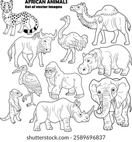 wild african animals, set of outline images