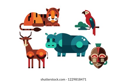 Wild African animals set, tiger, antelope, hippo, parrot, tribal mask vector Illustration on a white background