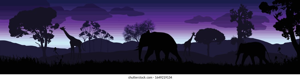 Wild african animals silhouettes in beautiful blue sunrise in savanna landscape, vector illustration