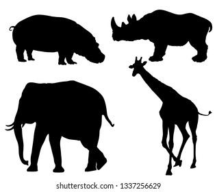 Wild African animals vector silhouette illustration. elephant portrait, rhino portrait, giraffe vector. Savanna wildlife animals. Rhinoceros vector. Hippopotamus, hippo vector isolated.