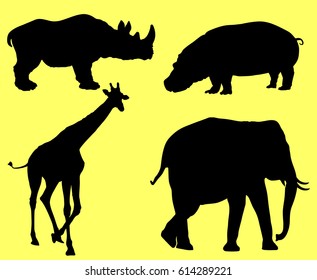 Wild African animals vector silhouette illustration. elephant portrait, rhino portrait, giraffe vector. Savanna wildlife animals. Rhinoceros vector. Hippopotamus, hippo vector isolated.