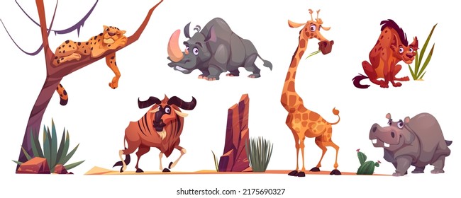 Wild african animals, zoo characters. Vector cartoon illustration of cute giraffe, cheetah, rhino, hippo, hyena, wildebeest and savannah landscape with tree, sand and grass - Shutterstock ID 2175690327