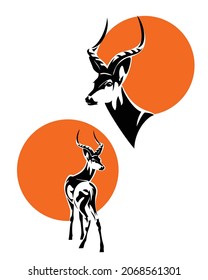 wild african antelope portrait with orange sun circle - impala profile head and standing animal vector design set