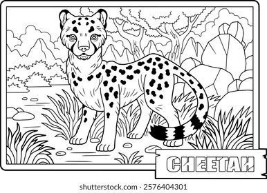 Wild African cheetah, outline illustration, coloring page for kids