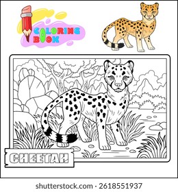 Wild African cheetah, outline illustration, coloring page for kids