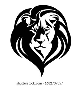 wild african lion with big mane en face head portrait - big cat black and white vector design