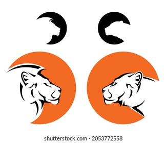 wild african lion and lioness side view portrait inside orange sun circle - big cat profile head black and white vector design set