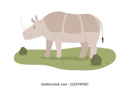 Wild African rhino. Tropical savanna animal standing on grass. Jungle habitant. Big mammal with horn on head. Herbivorous inhabitant. Flat vector illustration isolated on white background