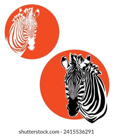 wild african zebra head portrait with orange sun circle in the background - safari animal vector design set