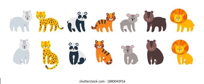 Wild amimals set. Leopard, lion, tiger, bear, panda and koala isolated in white background. Vector illustration in flat style