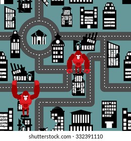 Wild angry Gorilla destroyed city seamless pattern. Big Monkey broke down building. Devastation in town. Destruction of public and residential buildings.