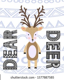 Wild animal with antlers drawing in scandinavian style. Cute cartoon reindeer character poster.