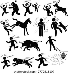 Wild Animal Attack and Human Danger Situation Silhouette Icon Set