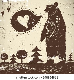 Wild animal background Bear on a grunge background with a heart