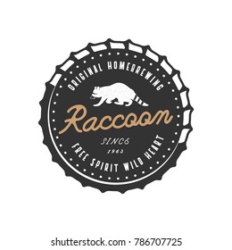 Wild animal badge with Raccoon and typography elements. Beer Logo template for brewing company. Stock vector beer house label, emblem with letterpress effect. Isolated on white.
