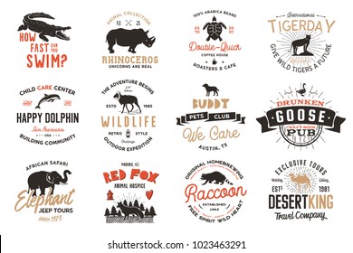 Wild animal Badges set and great outdoors activity insignias. Retro illustrations. Typographic camping style. Vector logos with letterpress effect. Explorer quotes.