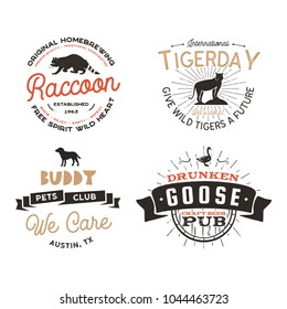 Wild animal Badges set and great outdoors activity insignias. Retro style wildlife labels. Typographic camping emblems. Stock Vector isolated