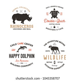Wild animal Badges set and great outdoors activity insignias. Typographic camping style. Stock Vector wildlife emblems isolated.