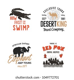 Wild animal Badges set and great outdoors activity insignias. Typographic camping style. Stock Vector logos, letterpress effect. Tourism agency labels.