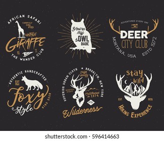 Wild animal badges set and great outdoors activity insignias. Retro illustration of animal badges. Typography camping style. Vector animal badges logos with letterpress effect. Custom hiking quotes