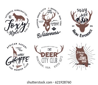 Wild animal badges set. Included giraffe, owl, fox and deer shapes. Stock vector isolated on white background. Good for tee designs, mugs, logotype